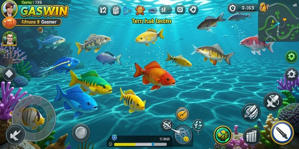 Tampilan gameplay GASWIN saat menembak ikan di lautan.