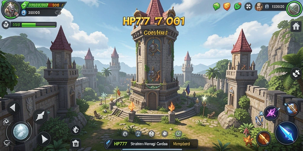 Tampilan gameplay HP777 dengan pertahanan menara yang strategis.
