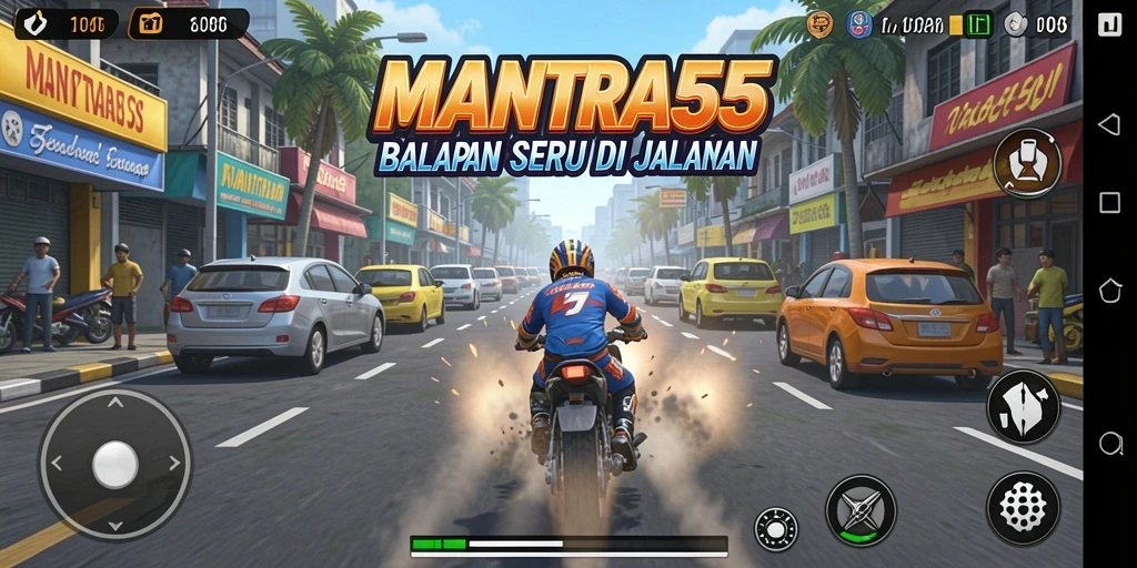 Tampilan gameplay yang mendebarkan di MANTRA55 dengan aksi balapan cepat.