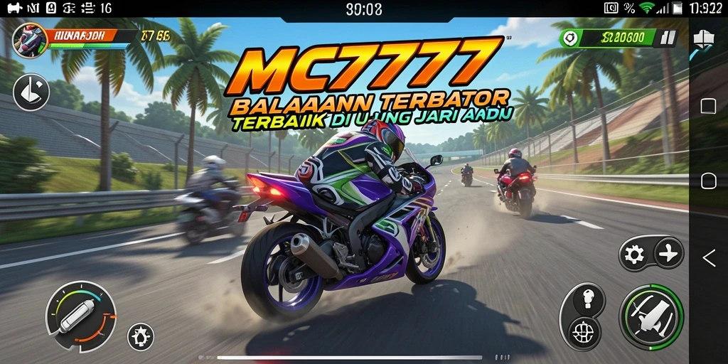 Tampilan gameplay seru di MC777 saat balapan motor.