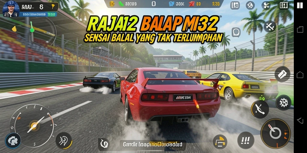Tampilan utama gameplay RAJA132 menampilkan balapan mobil yang seru dan mendebarkan.