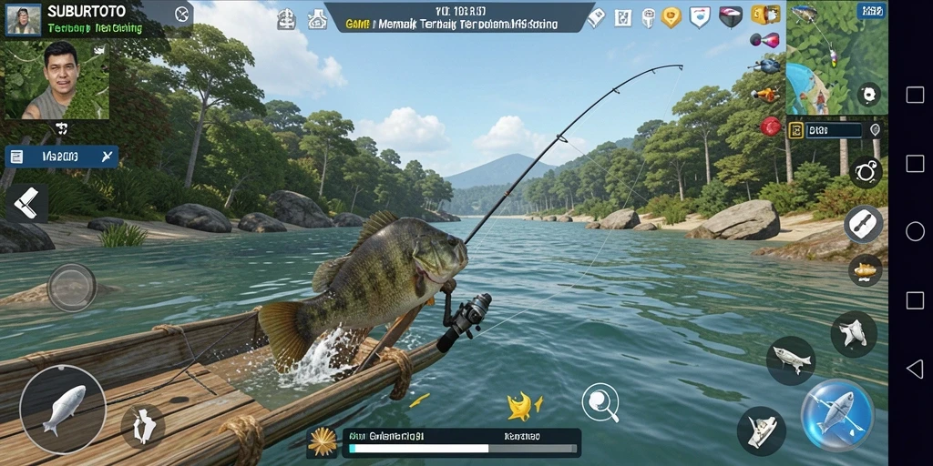 Screenshot gameplay SUBURTOTO dengan aksi memancing yang menakjubkan.